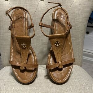 Tory Burch Tan Leather and Cork Platform Wedge Sandals sz9